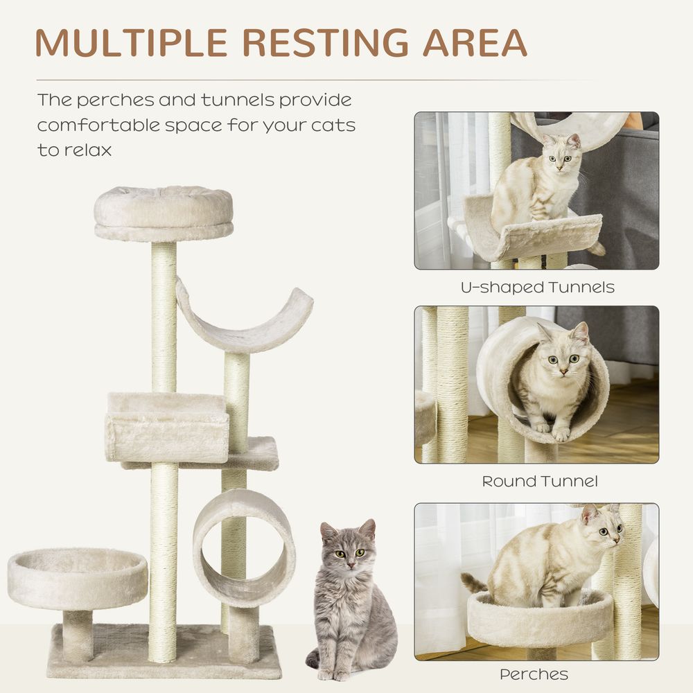 Cat Tree for Indoor Cats Kitten Pet Scratching Post Perch Activity Center Scratcher Climb Post Play House Arch with Tunnel 105cm Tall Beige