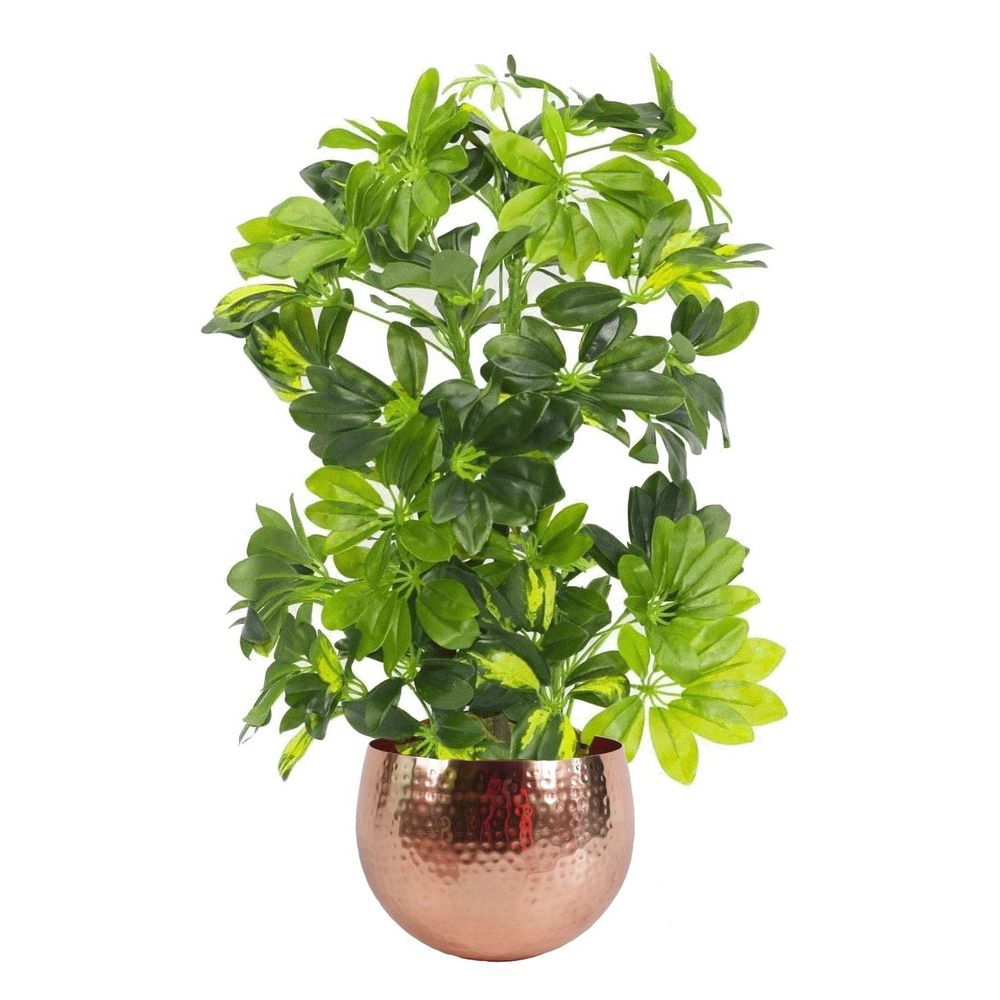 Realistic 75cm Arboricola Gold Capella Plant - Copper Metal Planter: Artificial Foliage for Any Space