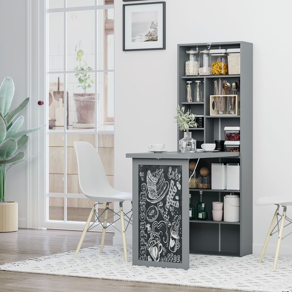 Fold-out Convertible Writing Desk Wall Mount Cabinet with Blackboard and Side Shelf Multi-Function Home Office Workstation, Grey 98 x 51 cm