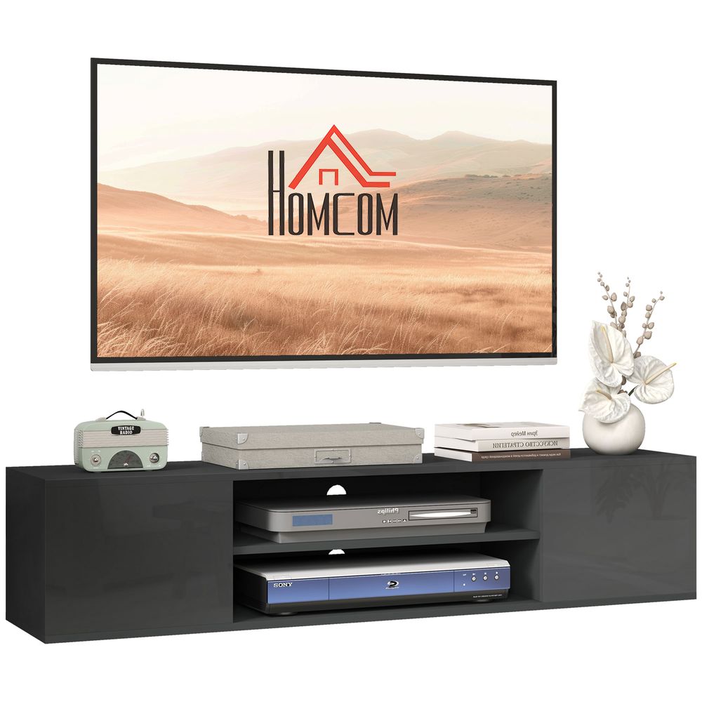 Floating TV Unit for 60" TVs W/ Shelves and Cabinets, Grey