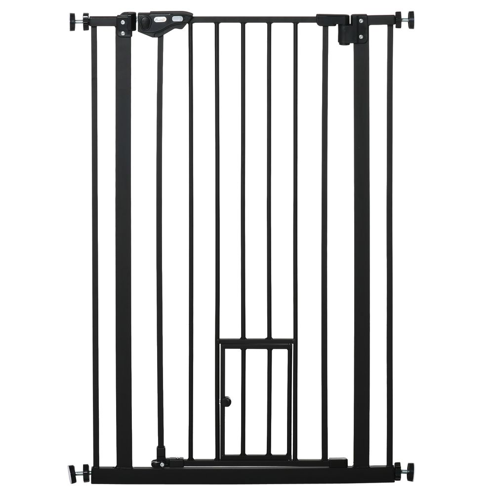 Extra Tall Dog Gate with Cat Flap, Pet Safety Gate for Doorways Stairs with Auto Close Double Locking, 104 cm Tall 74-80 cm Wide, Black
