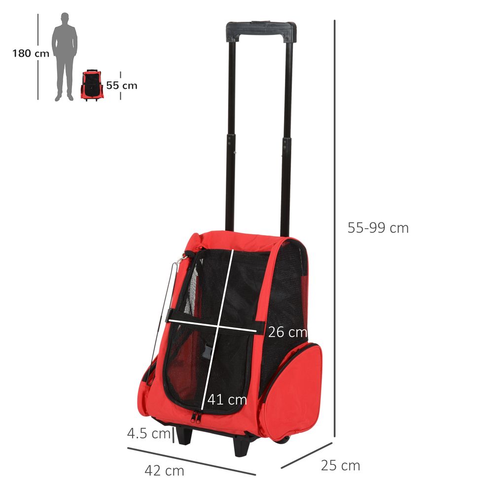 Pet Travel Backpack Bag Cat Puppy Dog Carrier w/ Trolley and Telescopic Handle Portable Stroller Wheel Luggage Bag (Red)
