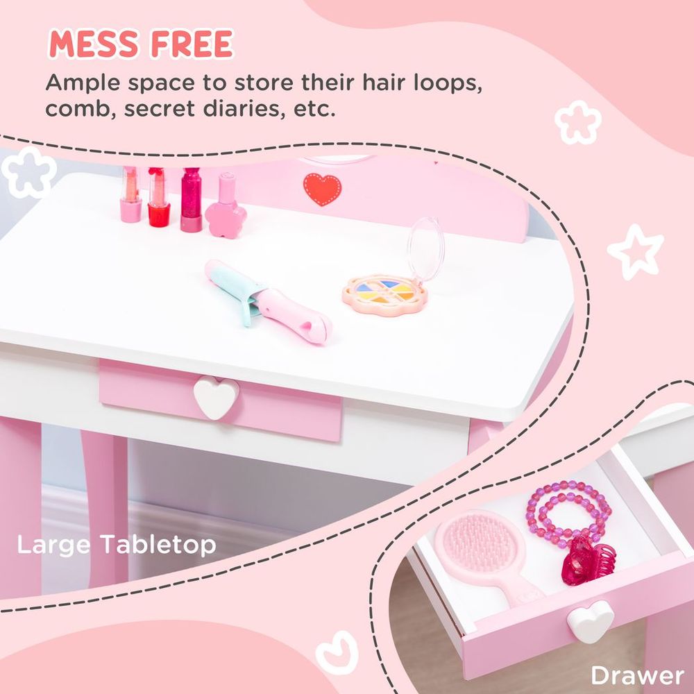 Kids Vanity Set w/ Mirror, Drawer, Cute Patterns, for Girls - Pink