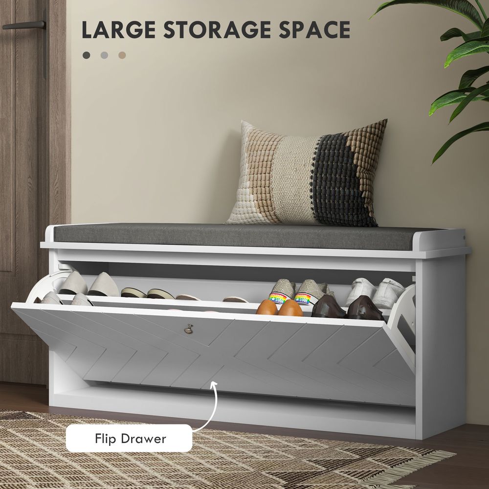 10-Pair Shoe Bench: White, Entryway, Cushion, Flip Drawer