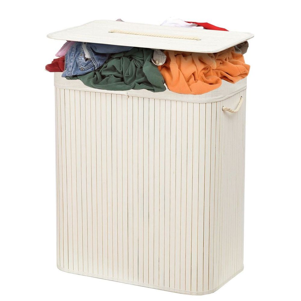 Organizer - Rectangular Bamboo Laundry Basket, White, Divider