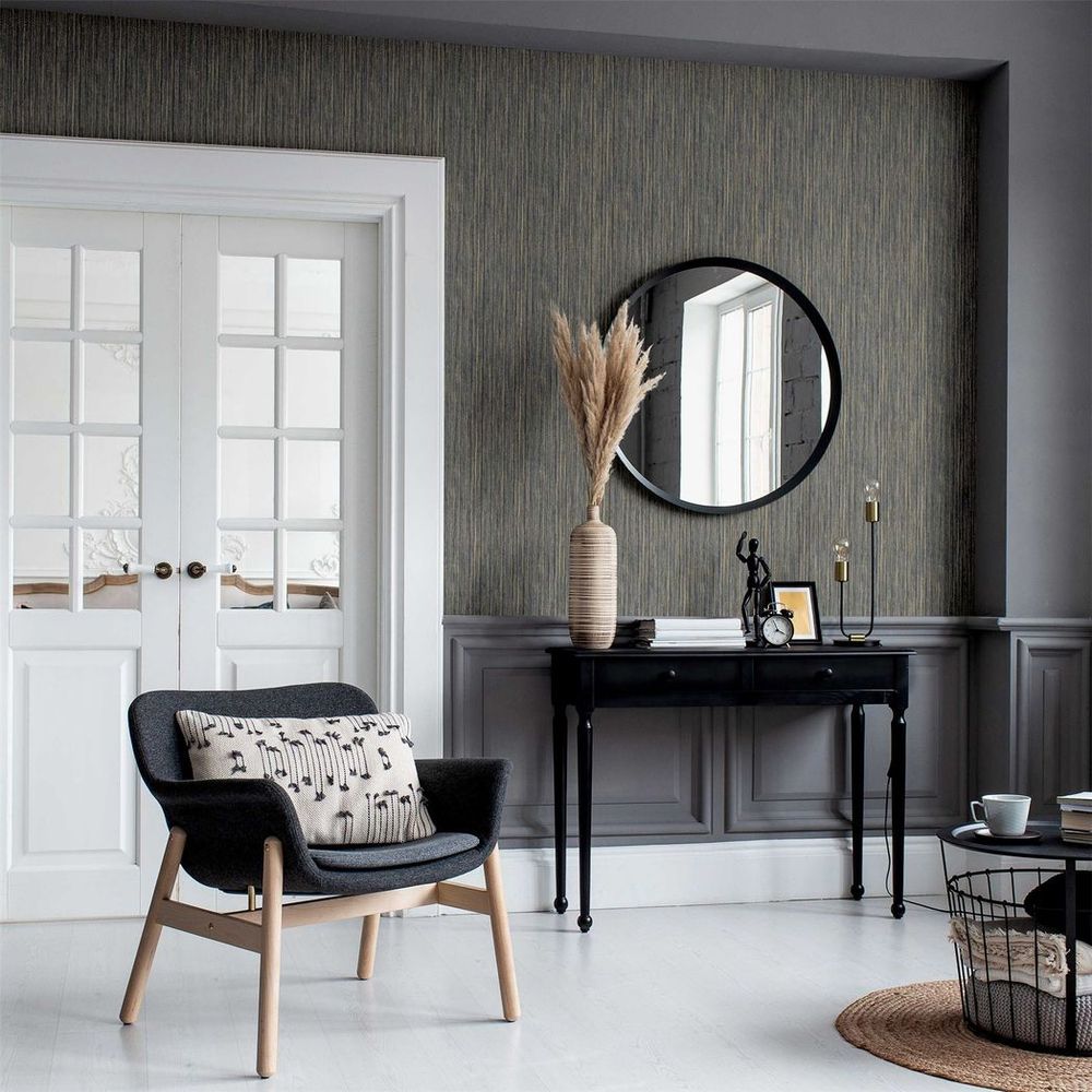 Japandi Grasscloth Navy Gold Wallpaper - Elegant Design