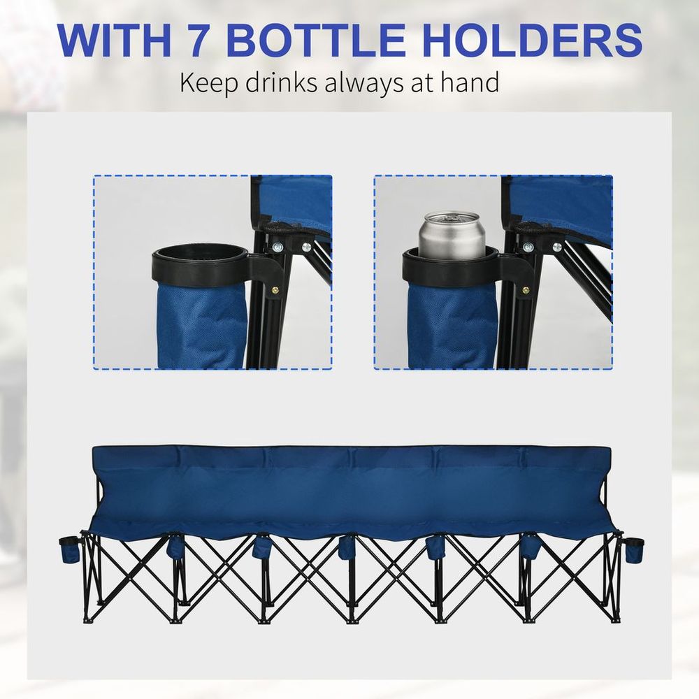 6 Seat Folding Bench - Multi Deck Chair - Cup Holder Camping Steel Blue
