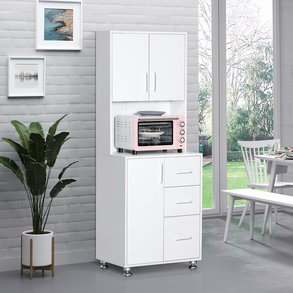 Kitchen Buffet Storage, 2 Cabinets, 3 Drawers, 60x40x150cm, White Finish