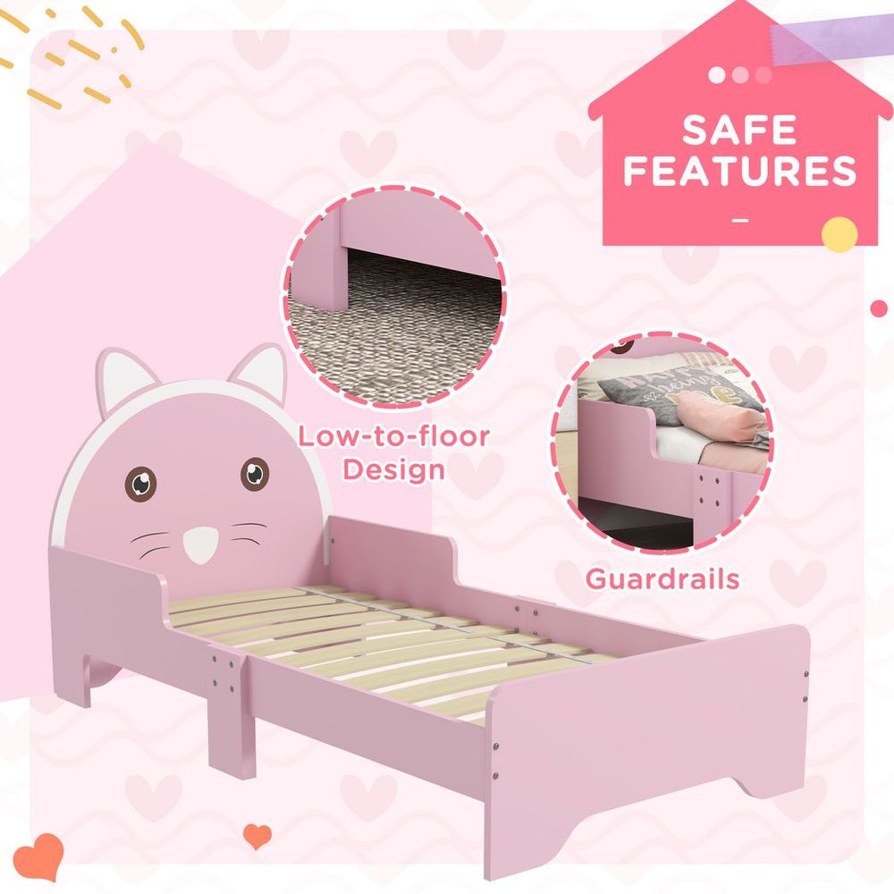 Toddler Bed Frame Cat Design Kids Bed with Guardrails - Pink