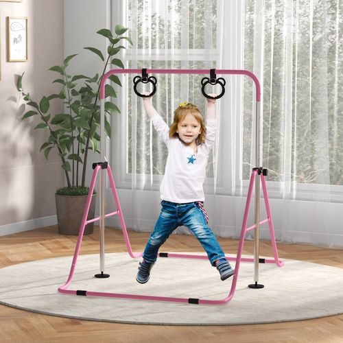 Adjustable Height Foldable Kids Gymnastics Bar with Non-Slip Mats, Pink