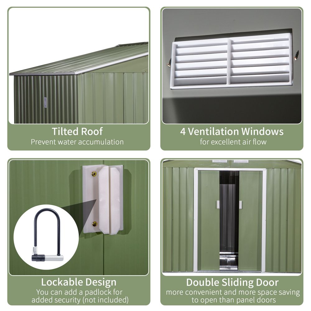 9 x 6FT Garden Metal Storage Shed Tool Box Foundation Vent & Doors Green