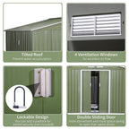 9 x 6FT Garden Metal Storage Shed Tool Box Foundation Vent & Doors Green