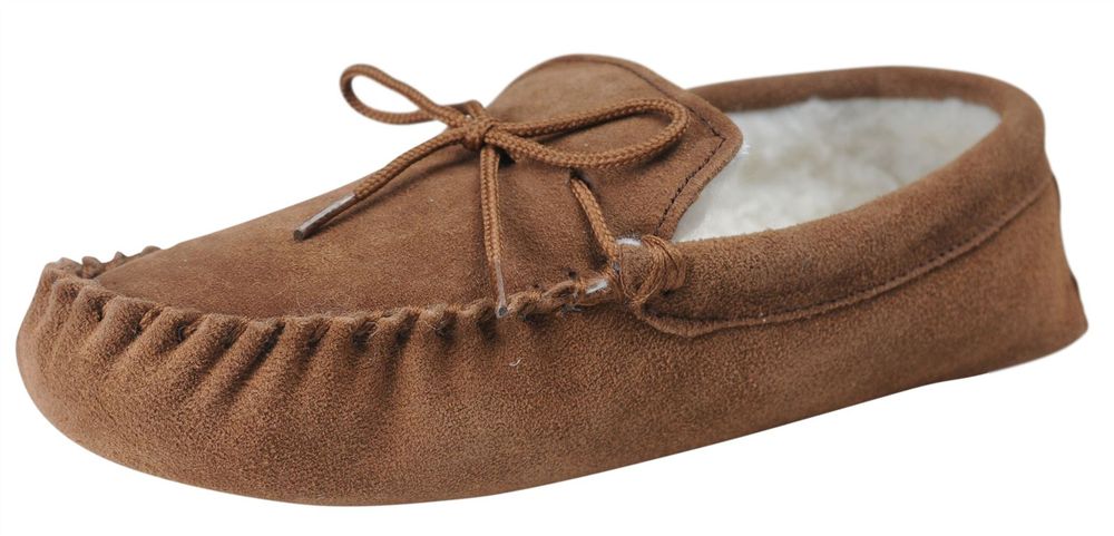 Womens Sheepskin Suede Moccasin Slippers With Suede Sole - 431-100 Chestnut