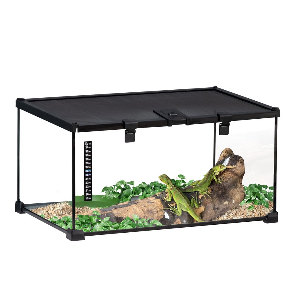 Glass Reptile Terrarium Insect Breeding Tank Vivarium Habitats with Thermometer for Lizards, Horned Frogs, Snakes, Spiders - Medium 50 x 30 x 25cm