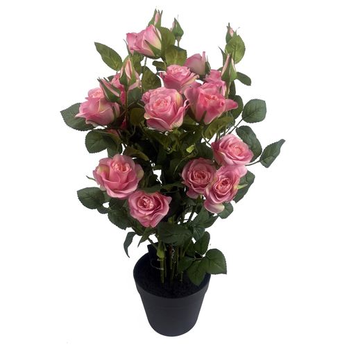 60cm Rose Bush Pink Silk Flowers and Leaves with Leaves Details