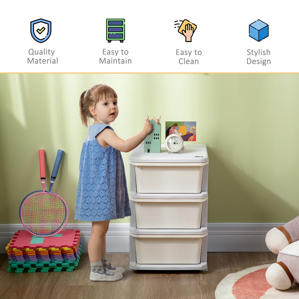 Kids Storage Units with 3 Drawers 3 Tier Chest Vertical Dresser Tower Toy Organizer for Nursery Playroom Kindergarten Cream