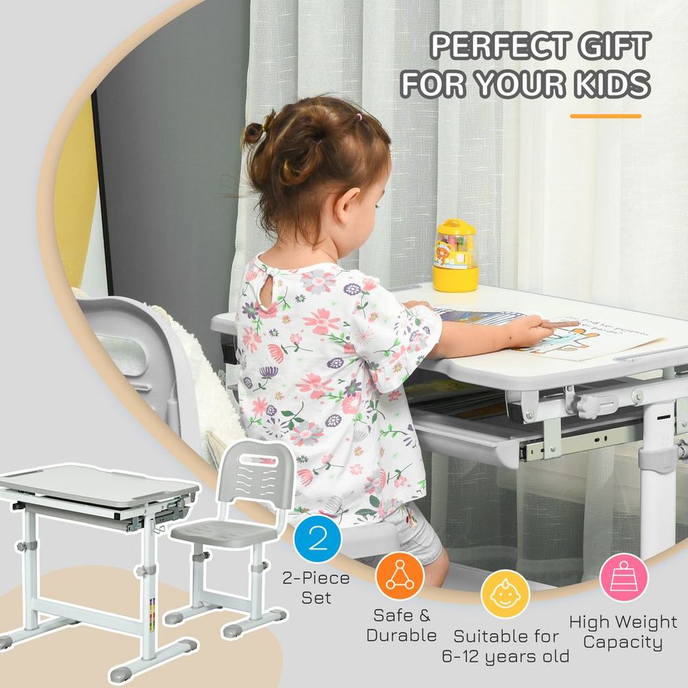 Adjustable Tiltable Kids Desk & Chair Set w/ Drawer, Pen Slot, Hook