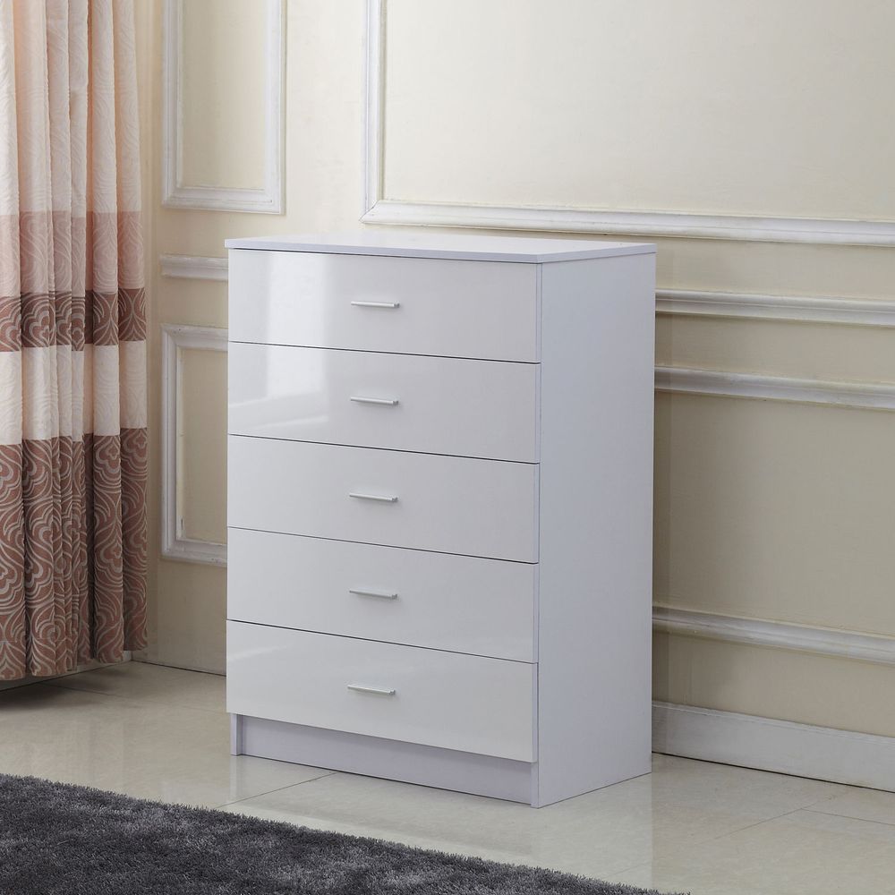 Tall White High Gloss Wardrobes 3Pc Chest Nightstand 7 Drawer - Elegance