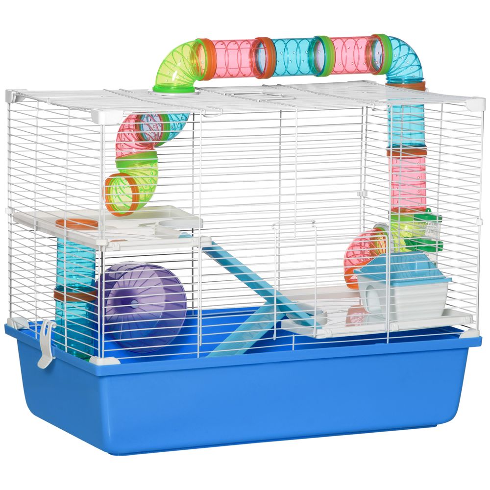 Hamster Cage with Tubes Tunnel 3 Level Rodent House with Exercise Wheel, Water Bottle, Food Dish, Ramp, Hut 59 x 36 x 47 cm- Blue