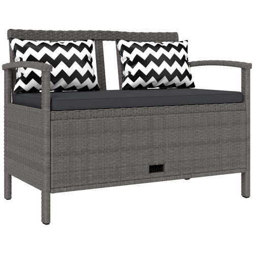 160L Rattan Garden Storage Bench, Cushioned Outdoor Bench, Grey