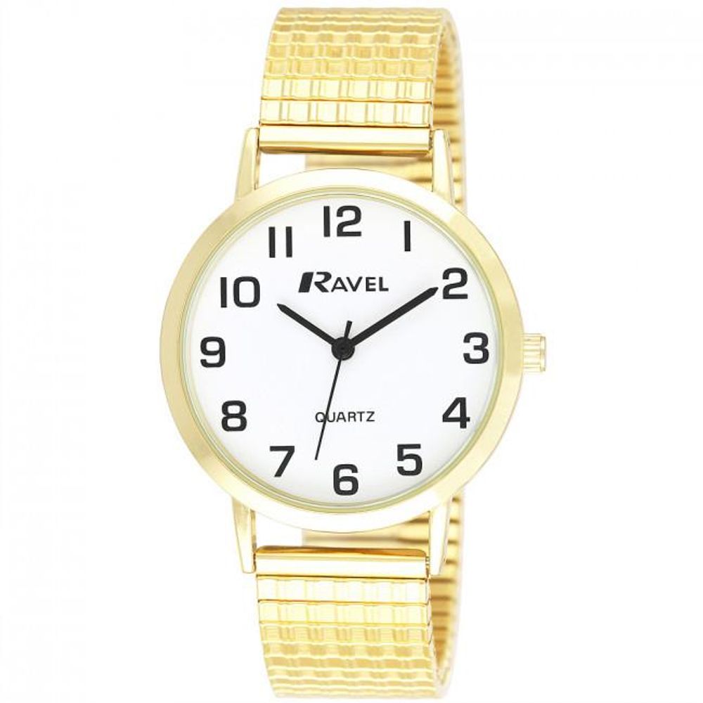 Mens Basic Gold Strap With White Round Easy Read Dial With Expander Strap Watch.1S