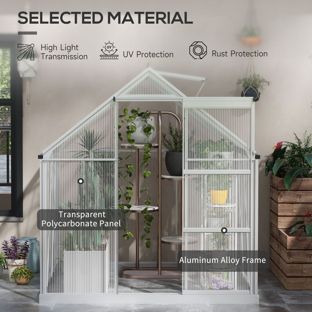 6 x 6ft Walk-In Polycarbonate Greenhouse with Foundation Window Silver