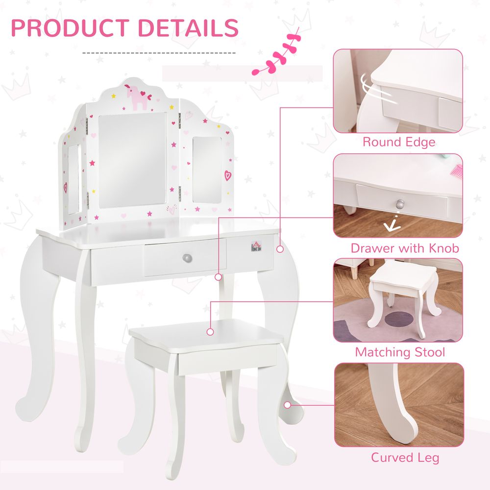 Kids Vanity Table & Stool Girls Dressing Set Make Up Desk Chair Dresser Play Set with Rotatable Mirrors Drawer Star & Heart Pattern White E