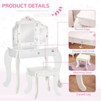 Kids Vanity Table & Stool Girls Dressing Set Make Up Desk Chair Dresser Play Set with Rotatable Mirrors Drawer Star & Heart Pattern White E