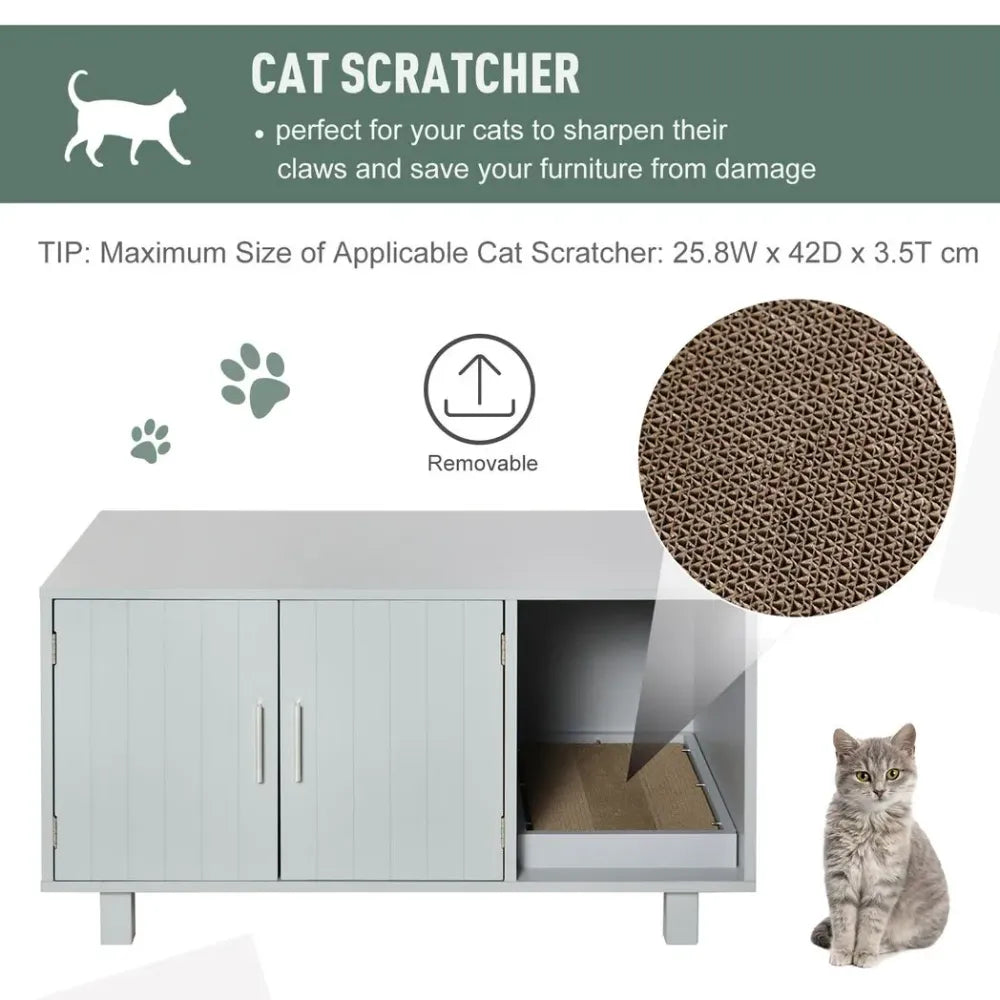 Stylish Grey Cat Box Furniture w/ Scratch, Magnetic Doors - Multipurpose Kitty Enclosure, Easy to Clean - !