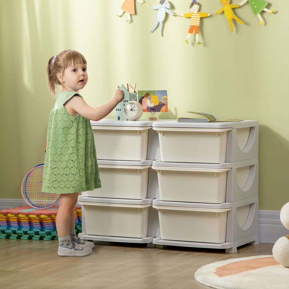 Kids Storage Units with 6 Drawers 3 Tier Chest Vertical Dresser Tower Toy Organizer for Nursery Playroom Kindergarten Cream