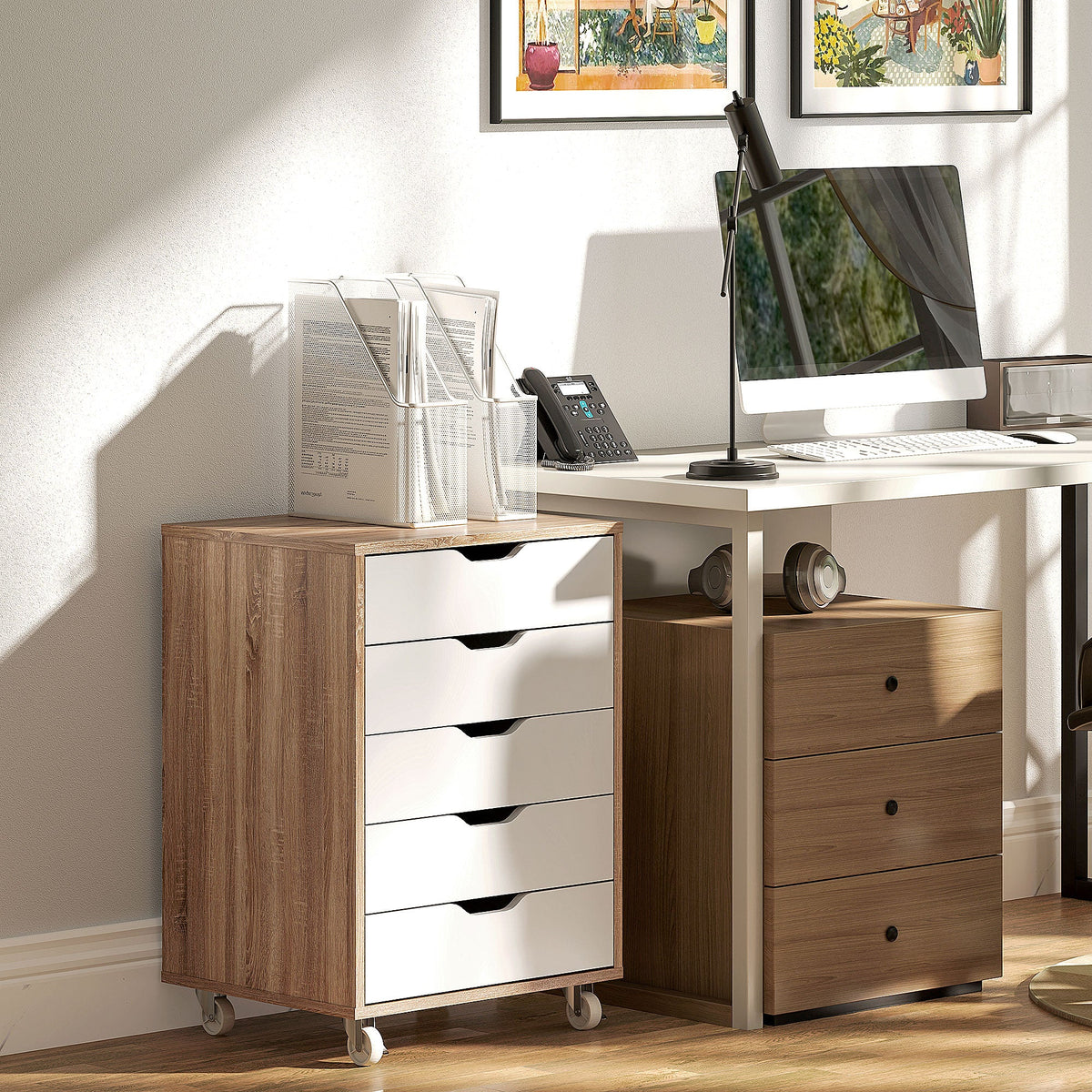 Mobile Filing Cabinet, 5-drawer File Cabinet with Wheels, Oak