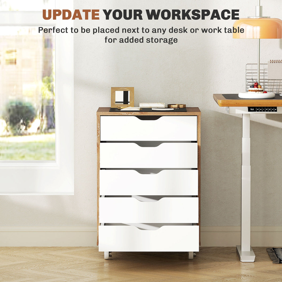 Mobile Filing Cabinet, 5-drawer File Cabinet with Wheels, Oak
