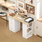 Computer Desk, Writing Table, PC Workstation with 3 Storage Shelves and Drawers, Silver Handle, for Home Office, Natural Wood Finish and White