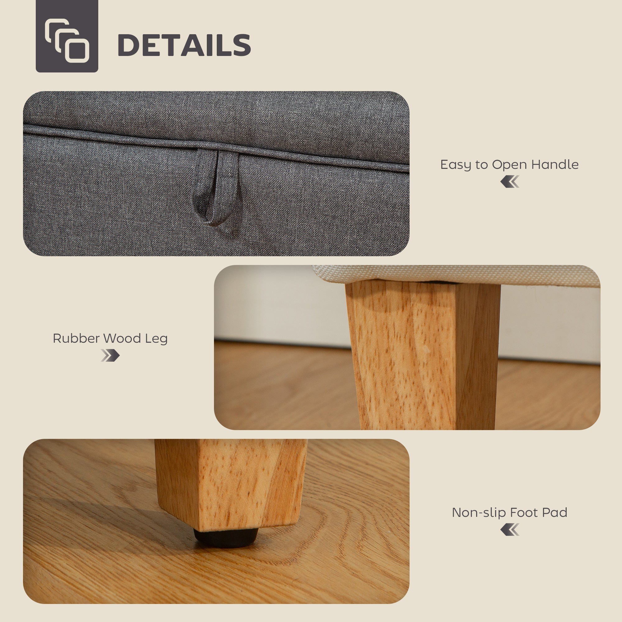16L Linen Storage Ottoman Padded Footstool with Rubberwood Legs, Charcoal Grey