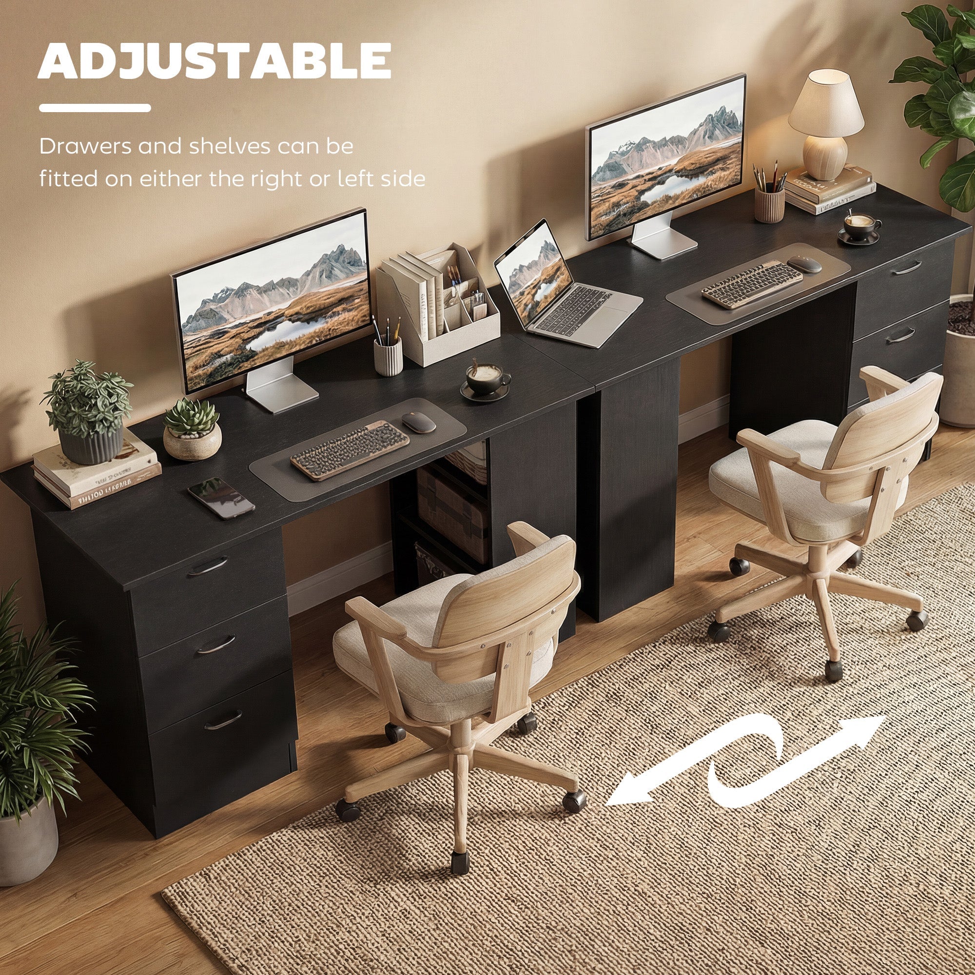 Computer Desk, Writing Table, PC Workstation with 3 Storage Shelves and Drawers, Handle, for Home Office, Black