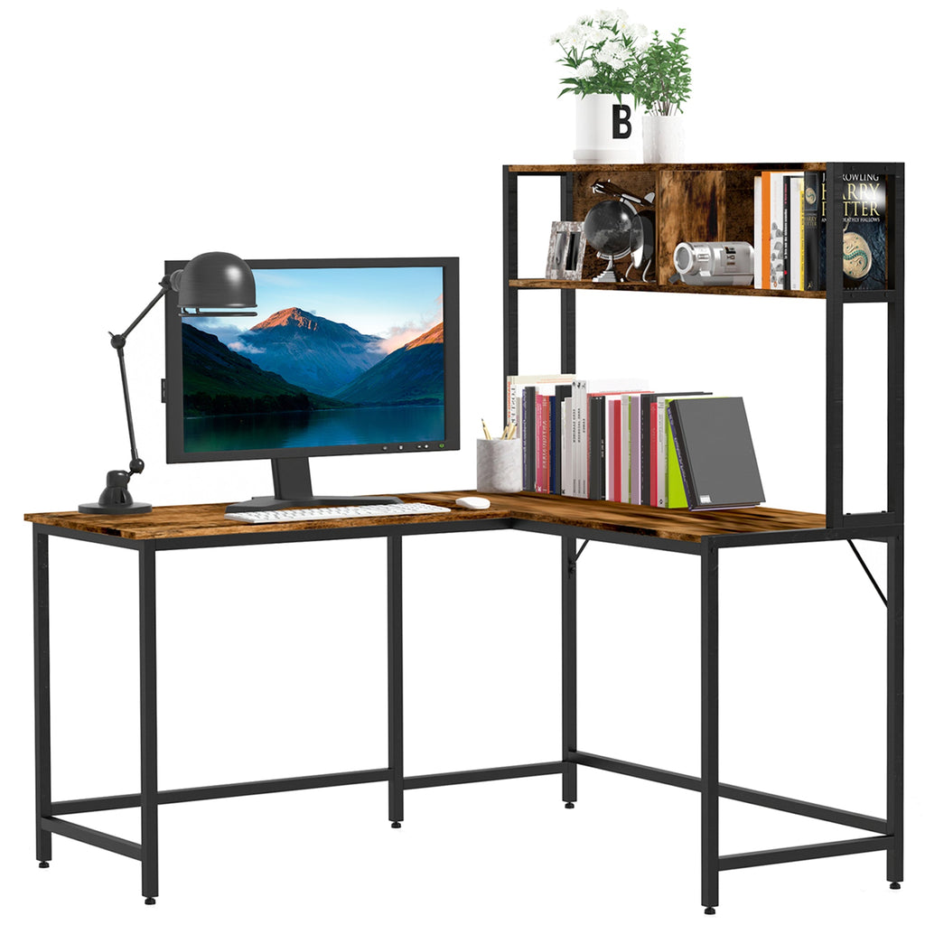 Reversible L Shaped Desk with Hutch, Industrial Computer Desk, Corner Desk with Storage Compartments and Steel Frame for Home Office, Study, 140 x 125cm, Brown Wood grain colour