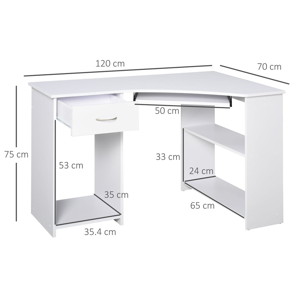 L-Shaped Corner Computer Desk with 2 Shelves, Wide Worktop, Keyboard Tray, Drawer and CPU Stand, Home Office Study Bedroom Furniture, White