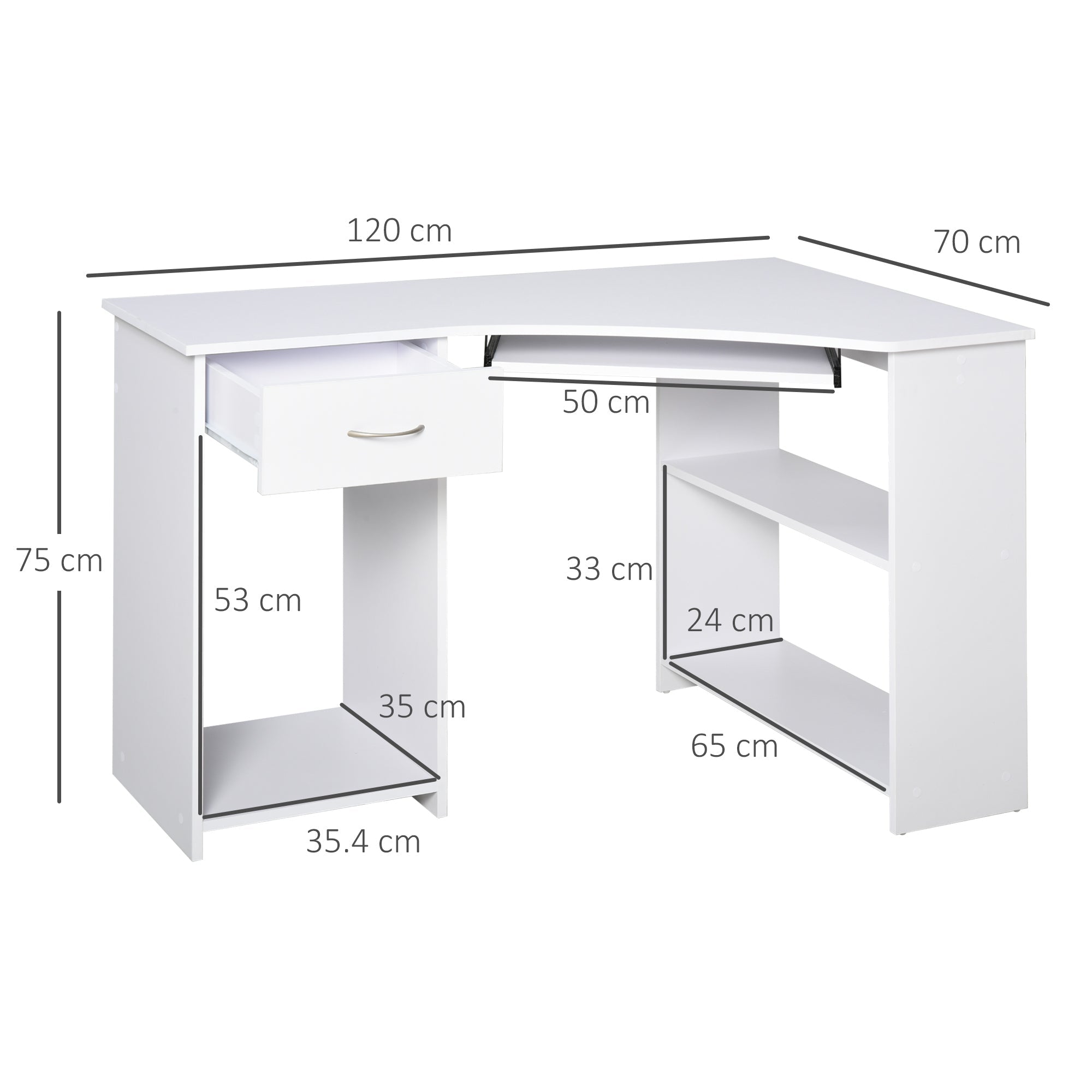 L-Shaped Corner Computer Desk with 2 Shelves, Wide Worktop, Keyboard Tray, Drawer and CPU Stand, Home Office Study Bedroom Furniture, White