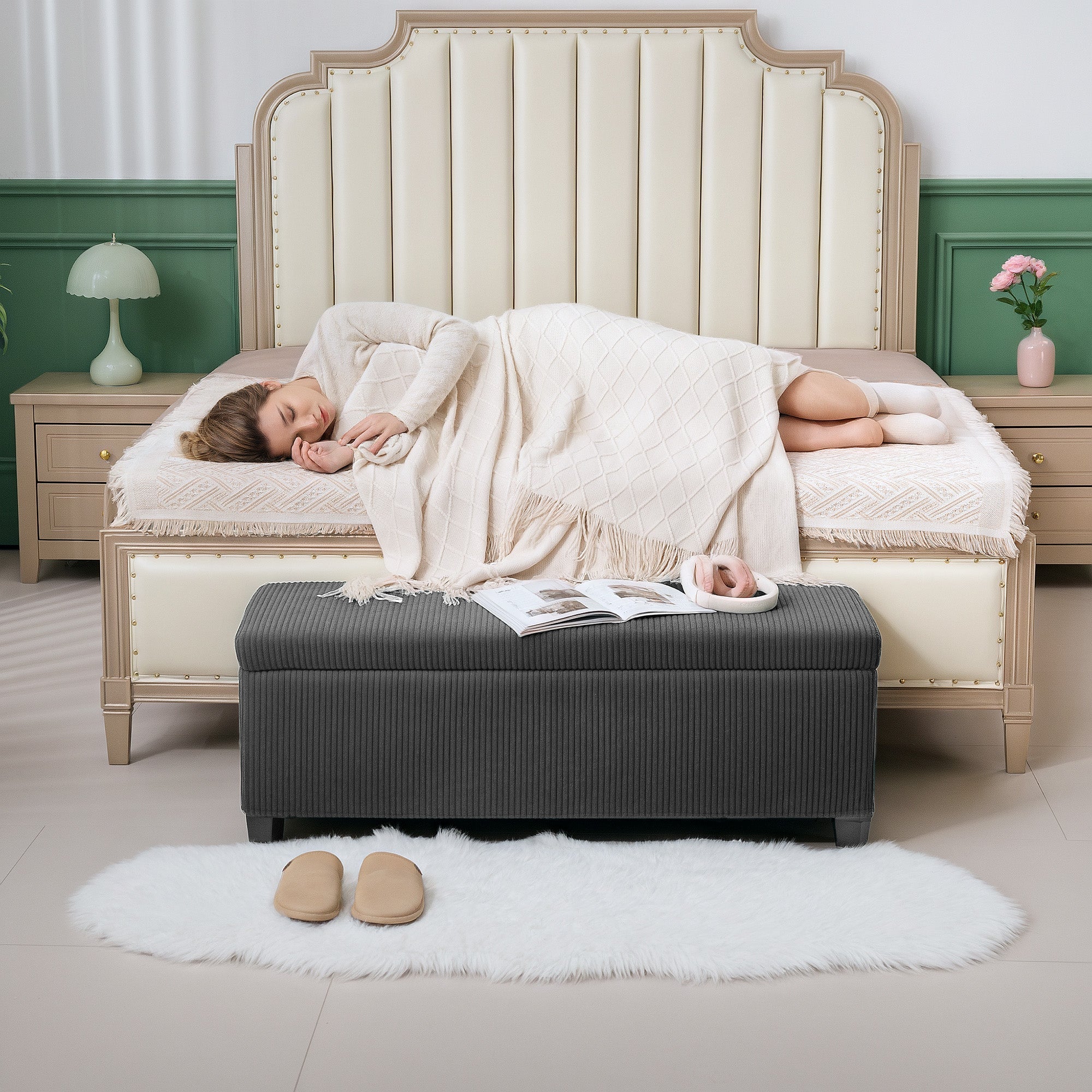 Storage Ottoman Bench, Corduroy Footstool with Removable Lid and Legs, 112cm, Grey
