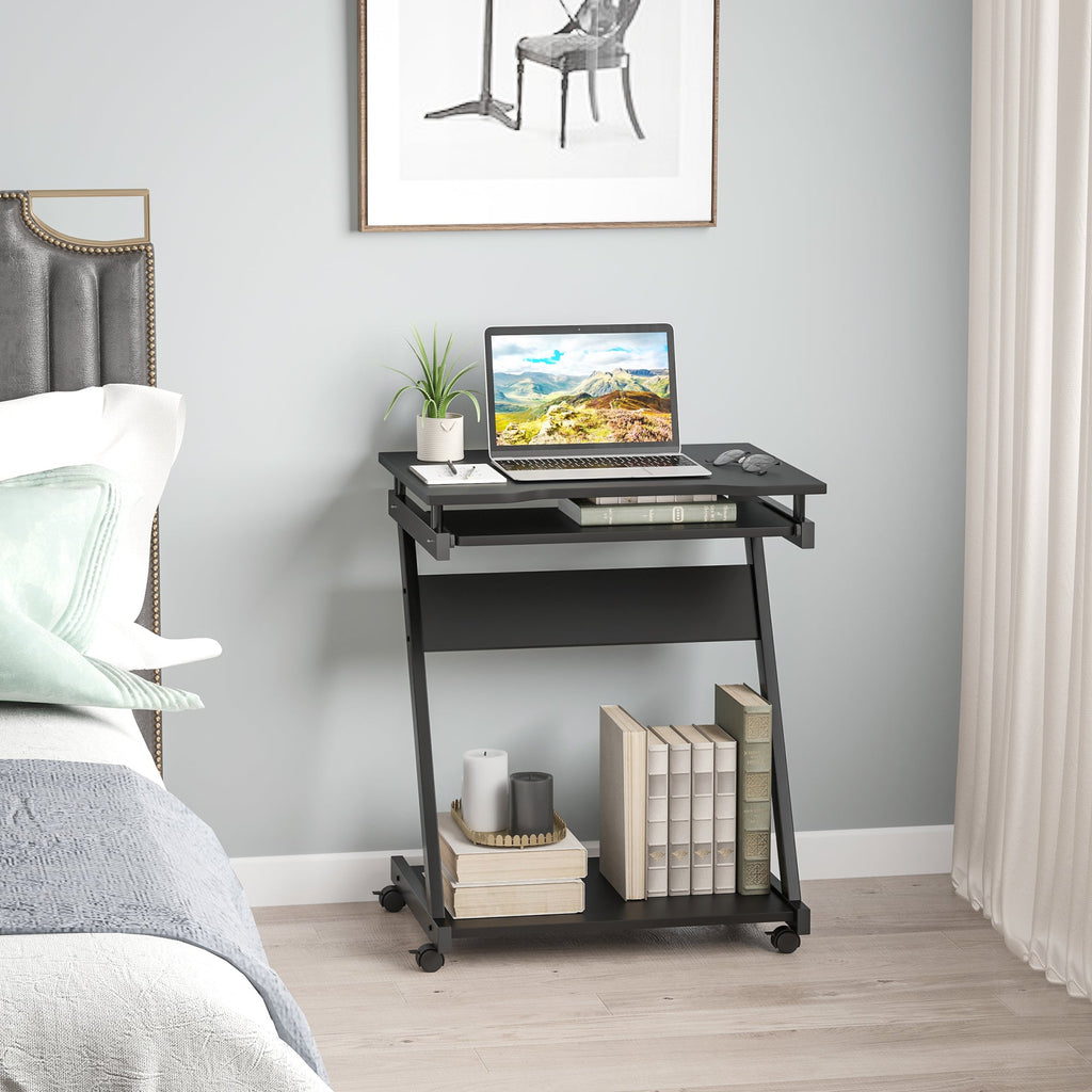 Movable Computer Desk with 4 Moving Wheels, Sliding Keyboard Tray, Home Office Workstation, Black