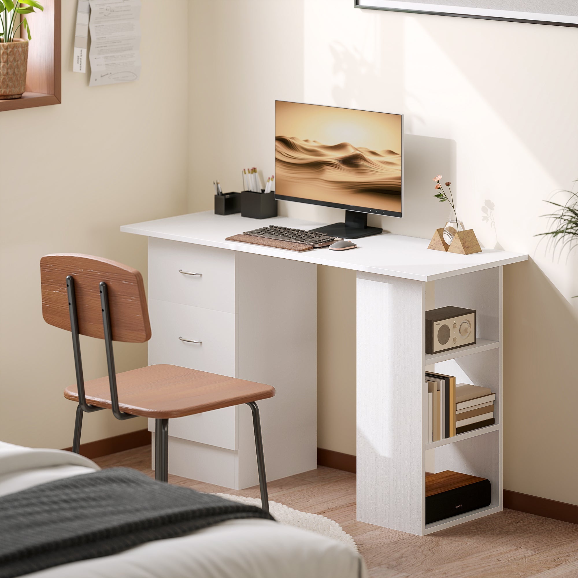 Computer Desk, Writing Table, PC Workstation with 3 Storage Shelves and Drawers, Silver Handle, for Home Office, White