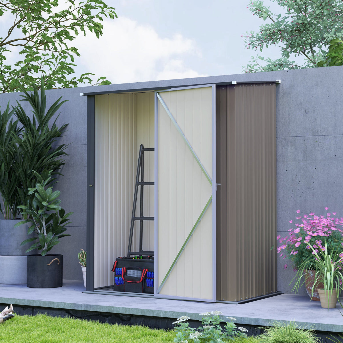 Outdoor Storage Shed w/ Lockable Door for Garden, Light Grey