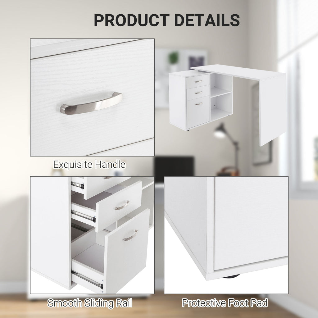 L Shaped Computer Desk, Reversible Home Office Desk with Drawers, File Cabinet and Storage Shelves, Study Table, 117 x 83.5 x 76cm, White
