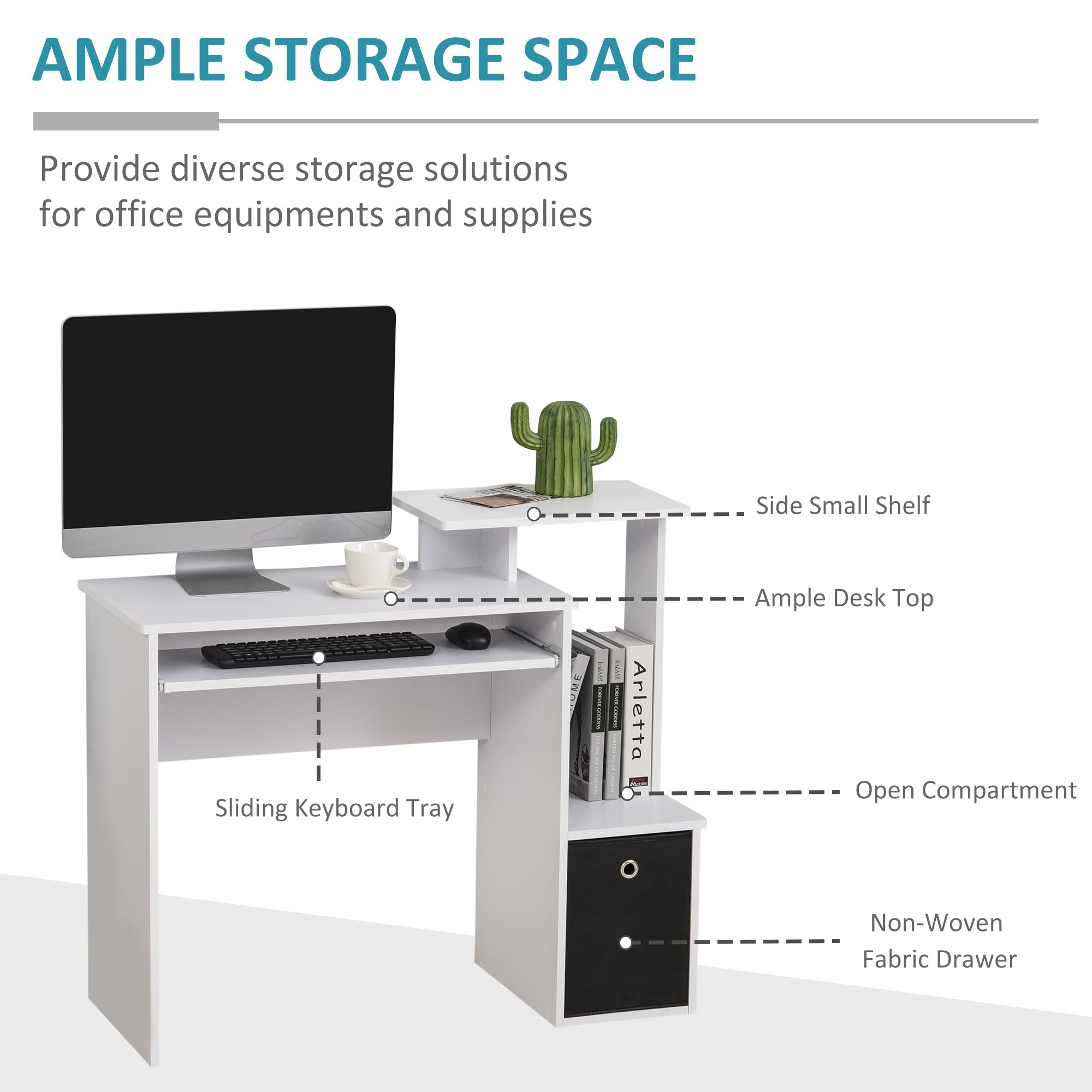 Computer Desk with Sliding Keyboard Tray, Storage Drawer and Shelf, Home Office Workstation, White