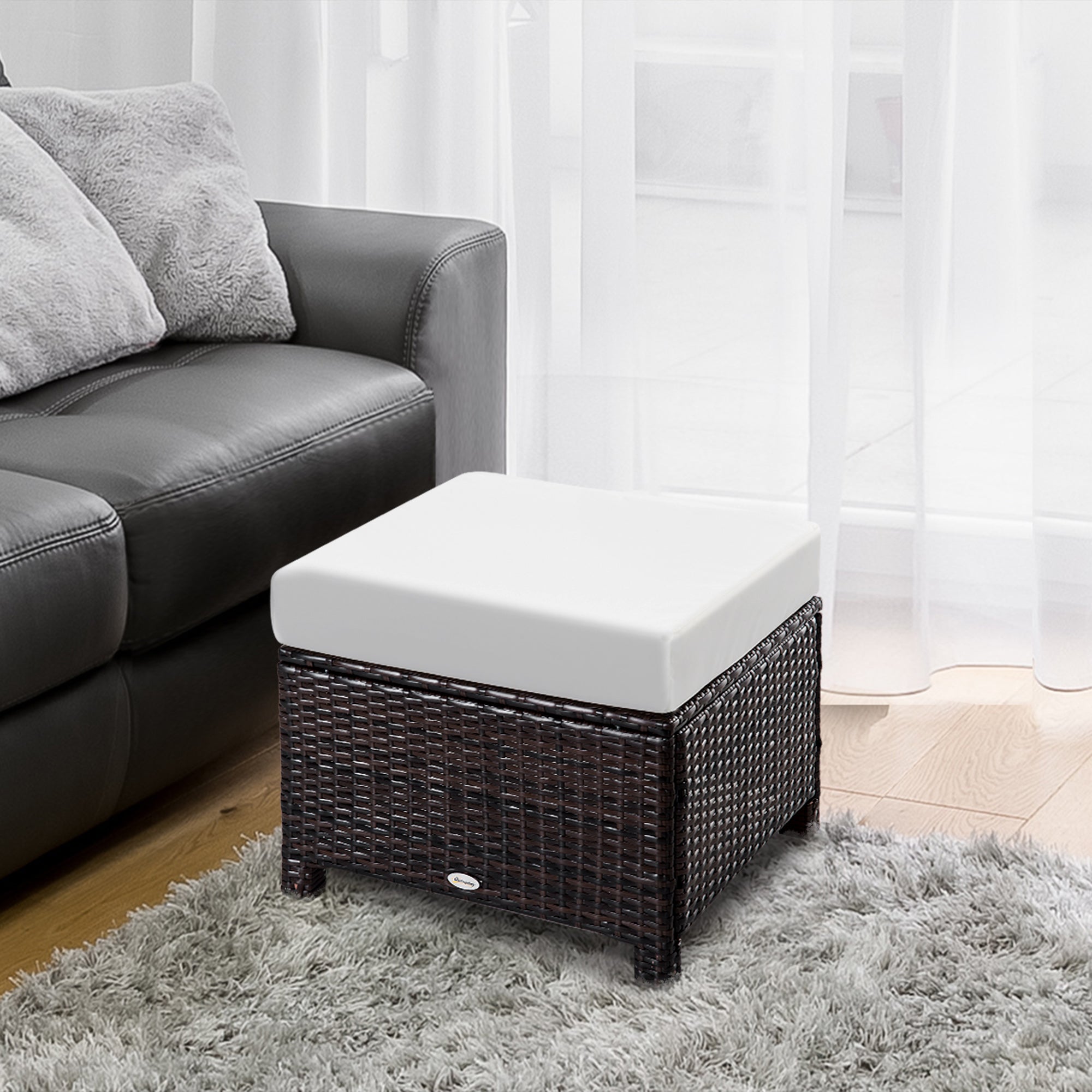 Rattan Footstool Wicker Ottoman with Padded Seat Cushion Outdoor Patio Furniture for Garden Poolside Living Room, 50 x 50 x 35 cm, Brown