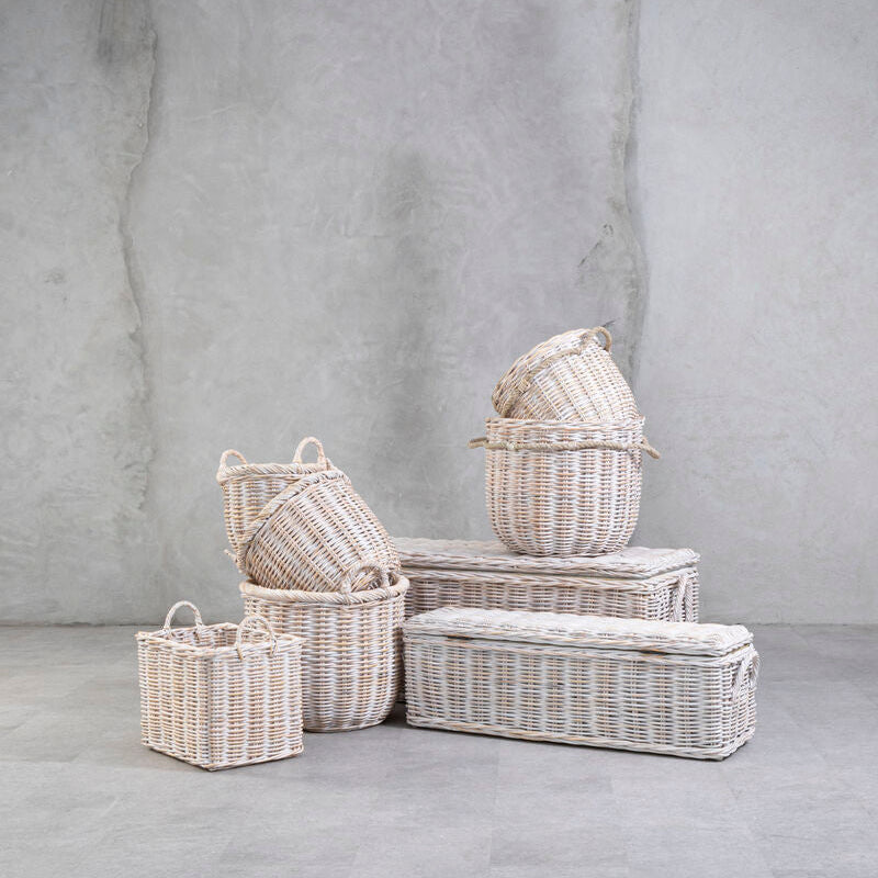 Whitewash Rattan Storage Baskets- Set of 3