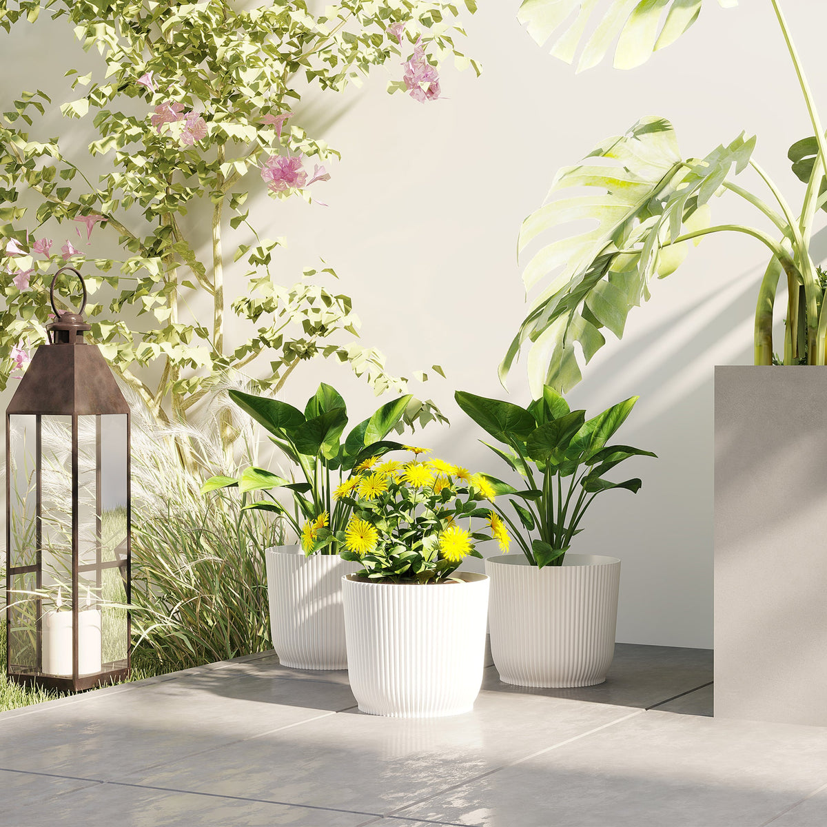 Set of 3 Round Plant Pots Outdoor 22cm for Garden, White