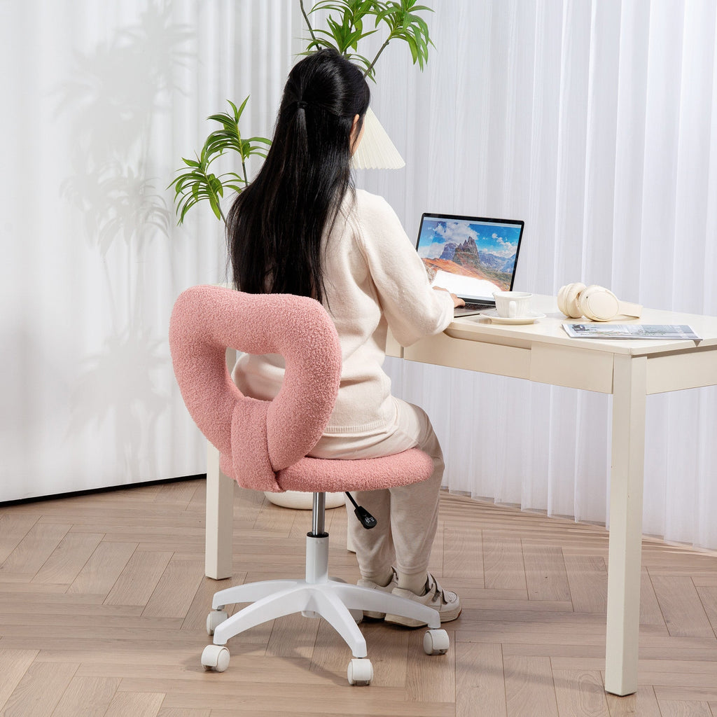 Armless Heart Computer Desk Chair, Teddy Fleece Swivel Office Chair, Makeup Vanity Chair with Height Adjustable, Wheels, for Home Study Bedroom, Pink