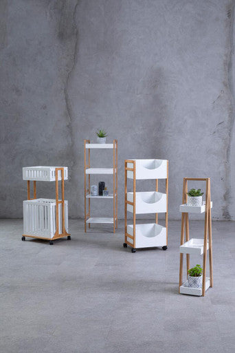 Four Tiered White and Natural Shelf Unit