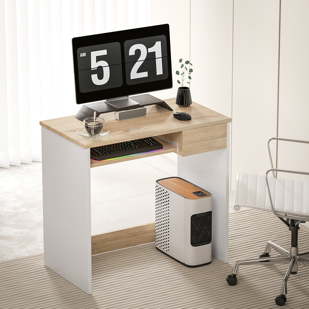 Compact Computer Desk with Keyboard Tray, Home Office Desk with Drawer for Bedroom Study, Oak Colour